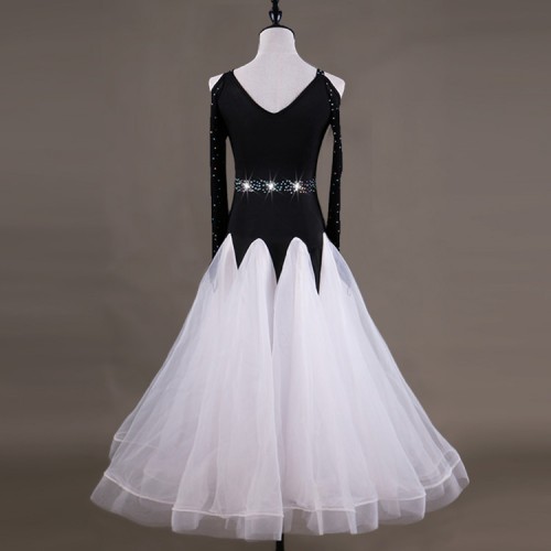 Women's ballroom competition dresses long length black and white diamond long dew sleeves waltz tango dancing dresses